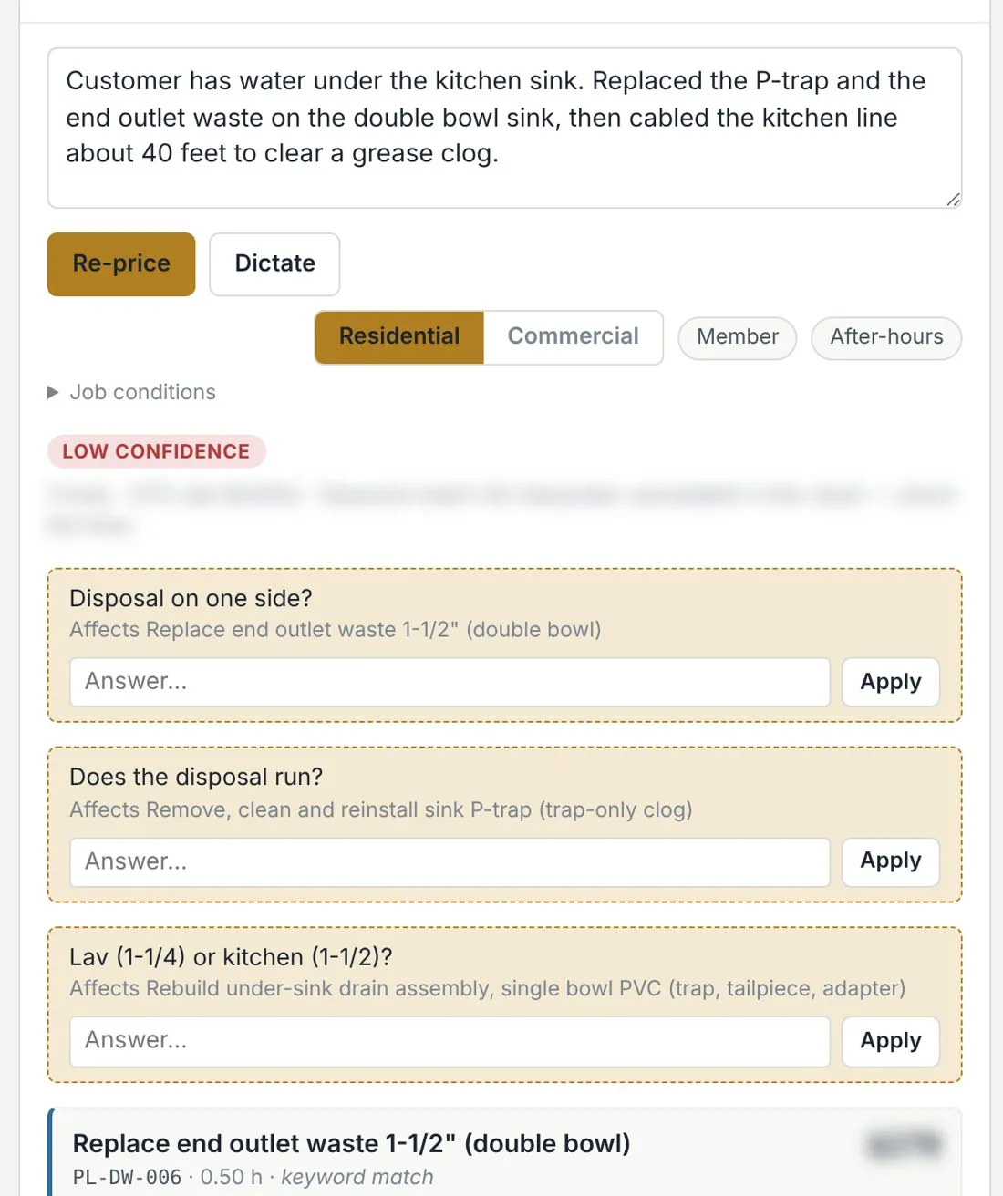 The tech's description, then the follow-up questions Price Calculator asks before it prices the job
