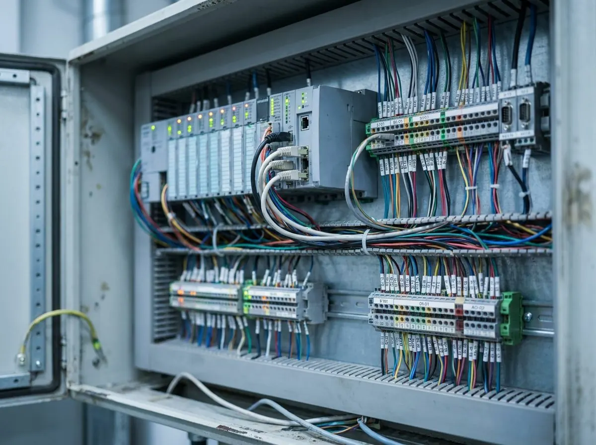 A commercial building controls panel with controllers and wiring
